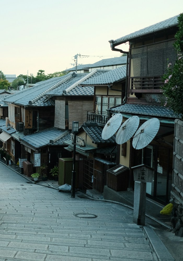 Historic Kyoto street with traditional wooden buildings, Japan