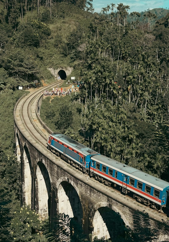 Blue and red train crossing the Nine Arches Bridge, Ella, Sri Lanka